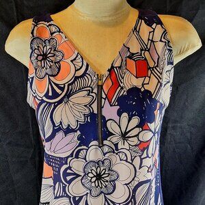 Express Women's Sleeveless Half Zip Blue Floral Hawaiian Print Blouse S